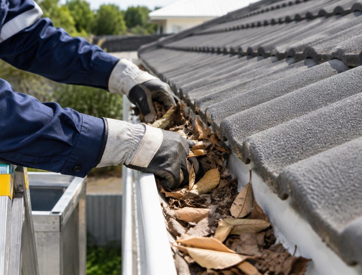 Gutter maintenance beside a tiled roof