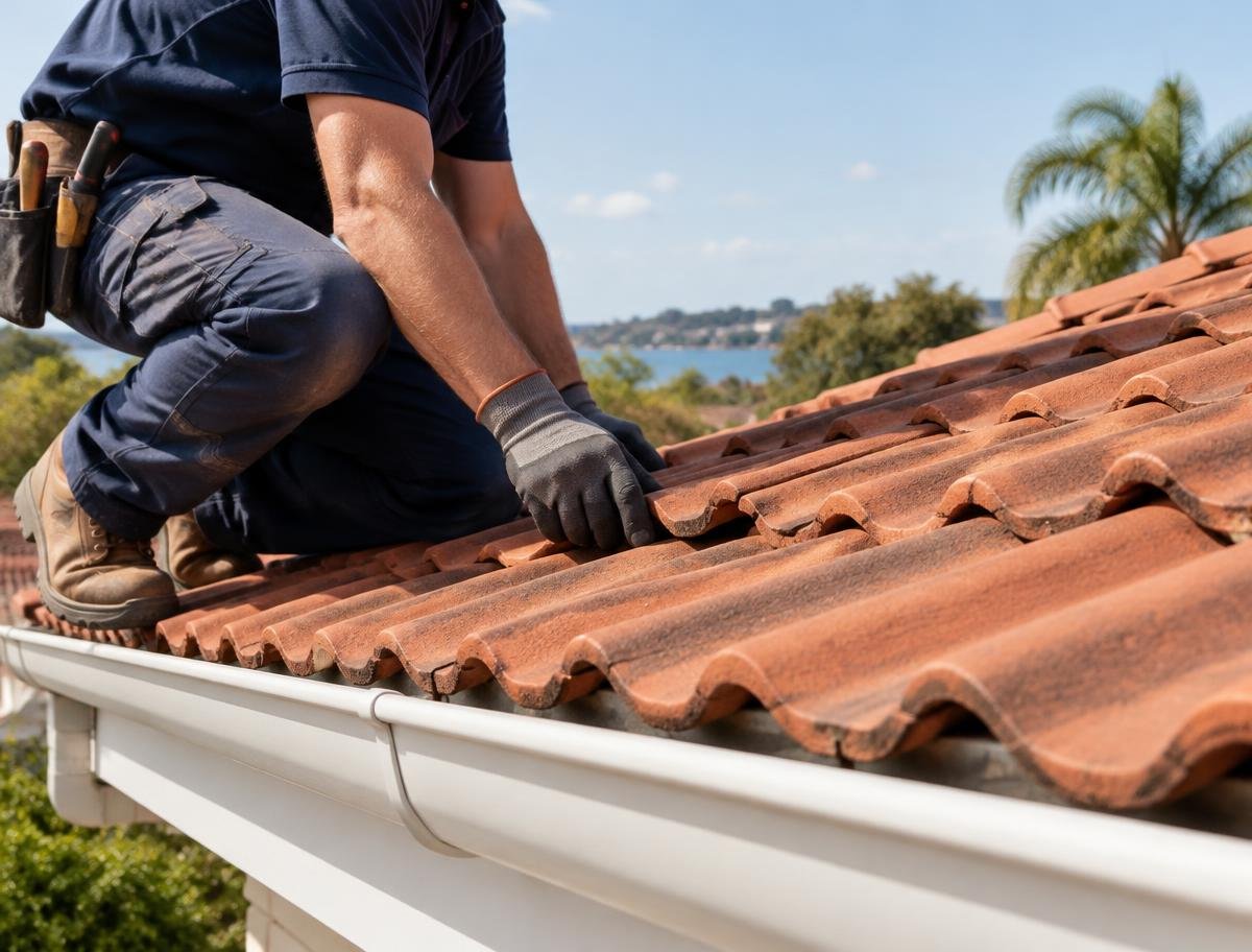 Roofer inspecting roof tiles